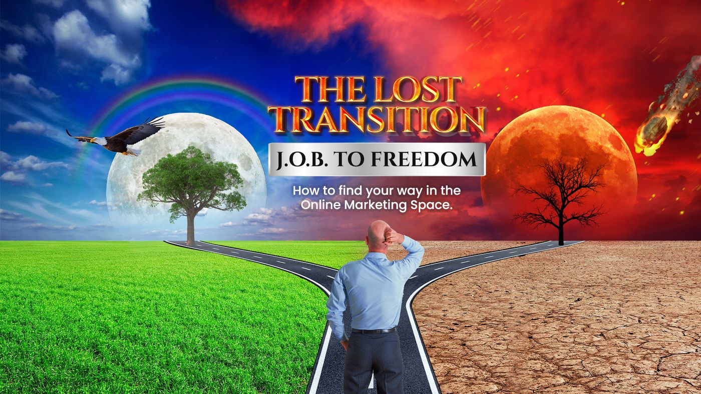 A man at a fork in the road: green fields one way, cracked earth the other. The Lost Transition, J.O.B. to Freedom.